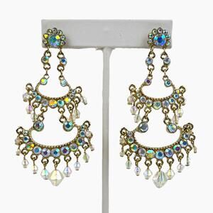 2 Tier Dangle Earrings AB Rhinestone Pierced Chandelier Elegant Bridal Formal